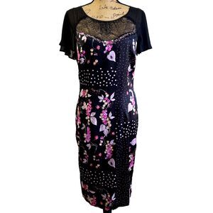 ELISA FANTI Black Pink Floral Embellished Sheath Cocktail Party Dress Sz 10/46